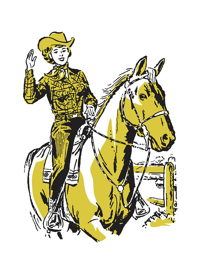 Vintage Drawing - Cowgirl on Horseback #1 by CSA Images