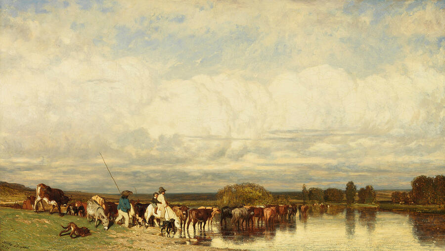 Cows Crossing a Ford #1 Painting by Jules Dupre