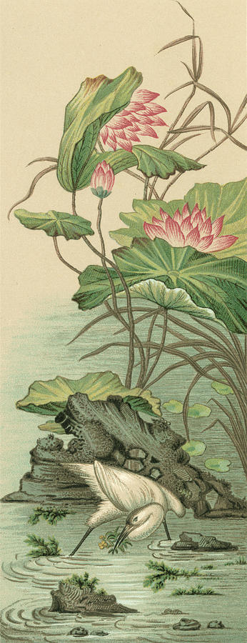 Flower Painting - Crane And Lotus Panel II #1 by Racinet