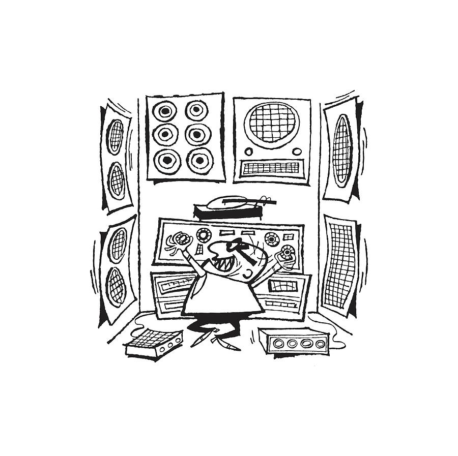 Black And White Drawing - Crazed Man at Control Sound Panel #1 by CSA Images