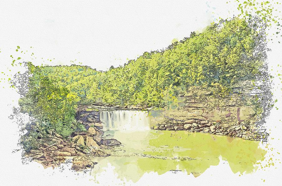 CUMBERLAND FALLS  IN KENTUCKY -  watercolor by Ahmet Asar #1 Painting by Celestial Images