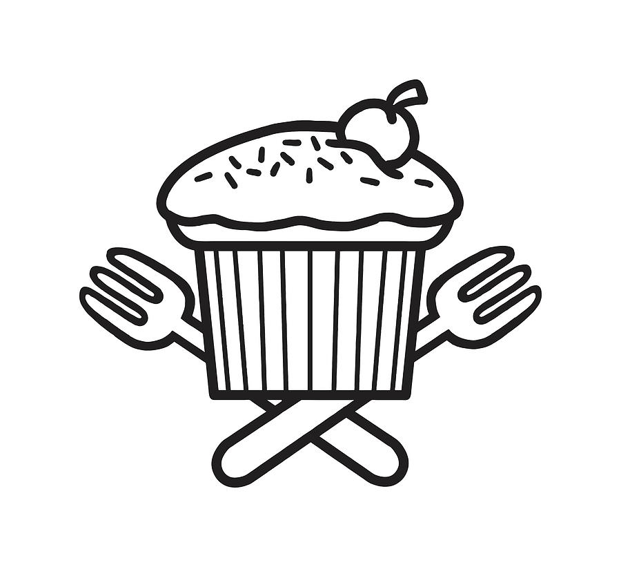 Black And White Drawing - Cupcake With Two Forks #1 by CSA Images
