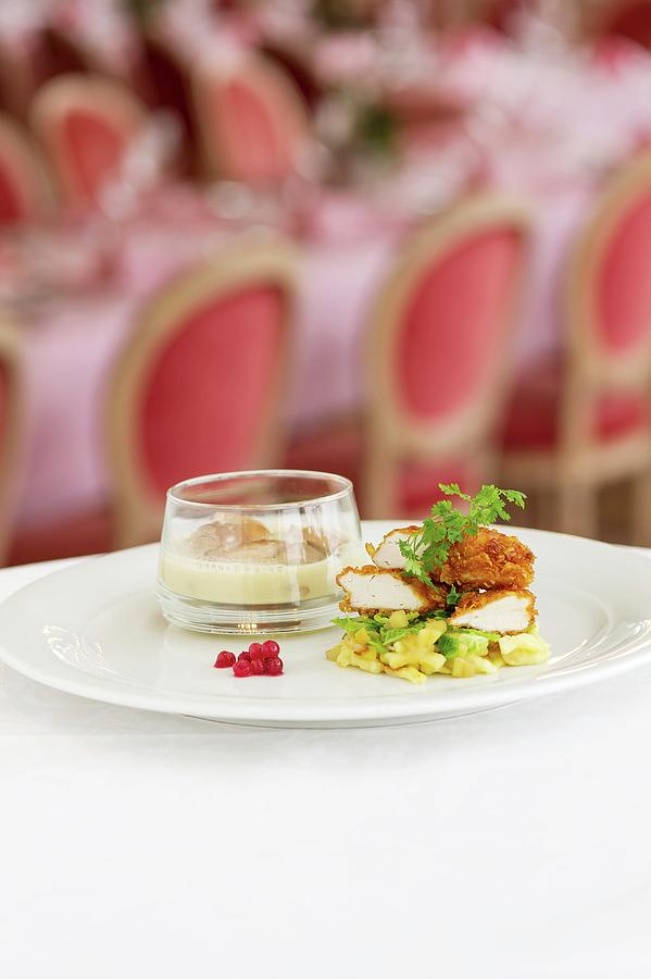 Cured Chicken Leg And Crispy Chicken Breast With Savoy Cabbage And Apples, Cranberries And Quark Sptzle soft Egg Noodles From Swabia #1 Photograph by Karl-heinz Hug