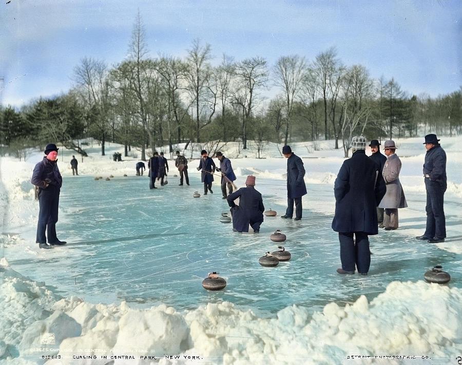 Curling In Central Park, New York 1900 Colorized-image-comparison Painting