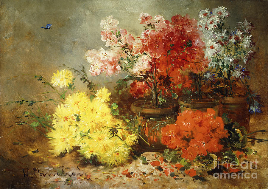 Daisies, Begonia, And Other Flowers In Pots Painting by Eugene Henri Cauchois