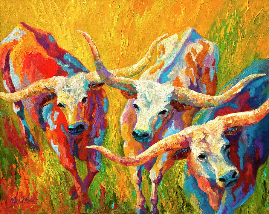 Cow Painting - Dance Of The Longhorns #1 by Marion Rose