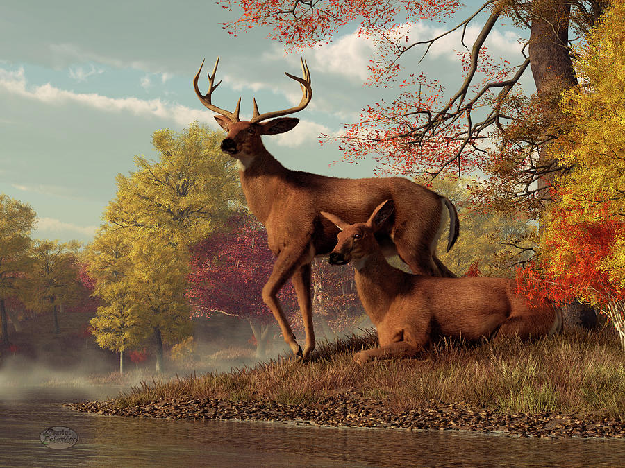 Animal Painting - Deer On An Autumn Lakeshore #1 by Daniel Eskridge
