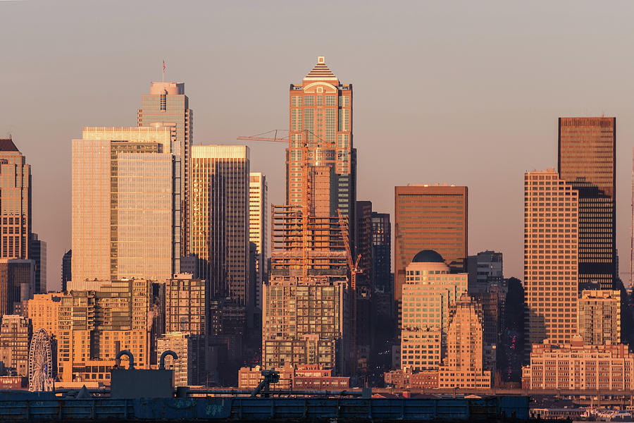 Detail Of Sunset Light Over The Skyscrapers Of Downtown Seattle, Washington, Usa. Photograph