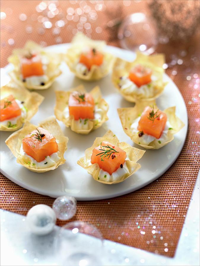 Diced Smoked Salmon, Lime And Pink Pepper Whipped Cream In A Filo Pastry Nest #1 Photograph by Studio