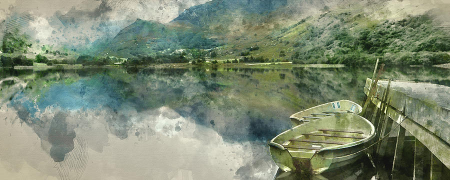 Panorama Photograph - Digital watercolor painting of Panorama landscape rowing boats o by Matthew Gibson Panorama Photograph - Digital watercolor painting of Panorama landscape rowing boats o by Matthew Gibson