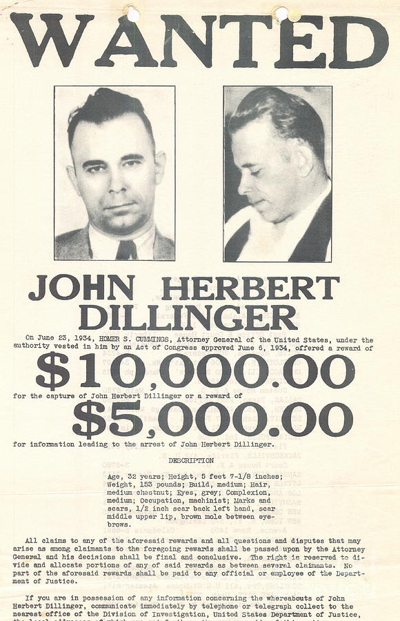 Black And White Photograph - Dillinger Wanted Poster by American School