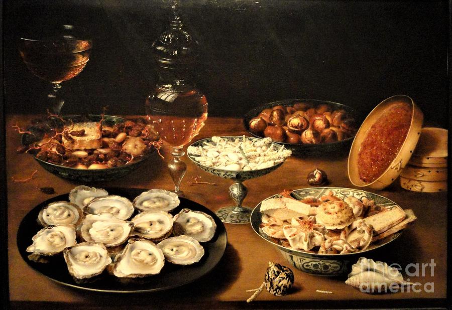 Dishes Oysters Fruit Wine Painting
