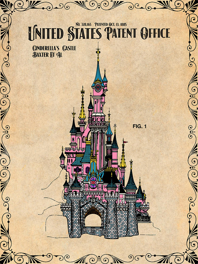 Disney Cinderellas Castle Antique Paper Colorized Patent Print #1 Drawing by Greg Edwards