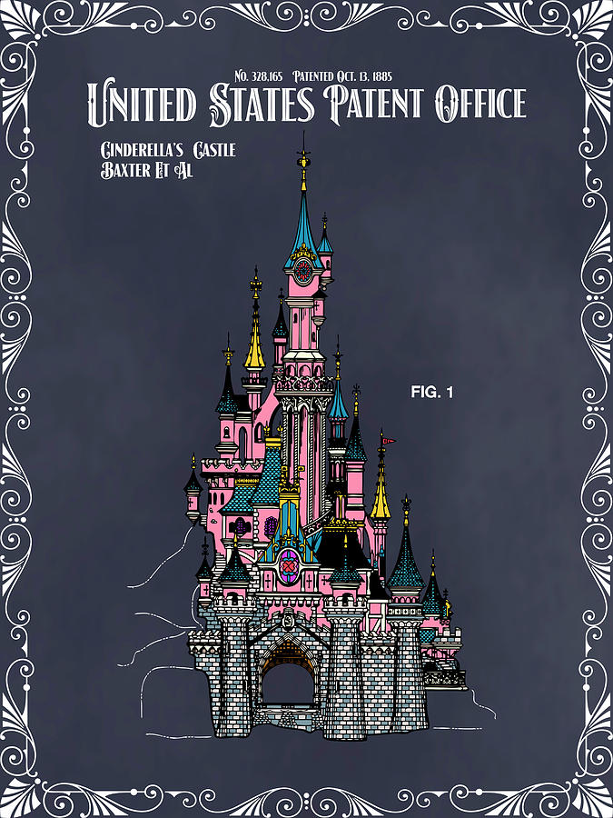 Disney Cinderellas Castle Blackboard Colorized Patent Print #1 Drawing by Greg Edwards