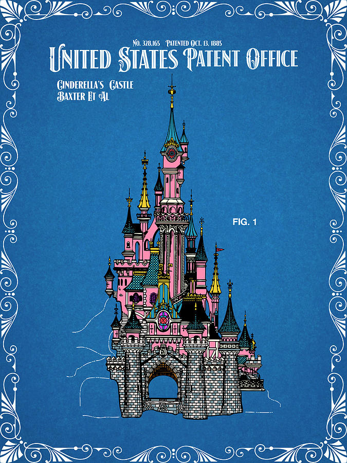 Disney Cinderellas Castle Blueprint Colorized Patent Print #1 Drawing by Greg Edwards