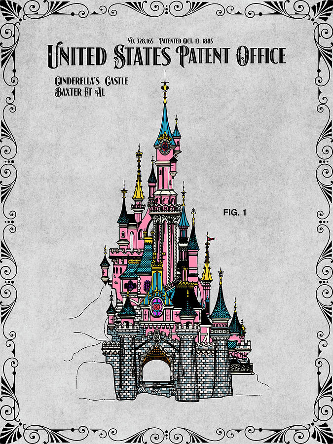 Disney Cinderellas Castle Gray Colorized Patent Print #1 Drawing by Greg Edwards
