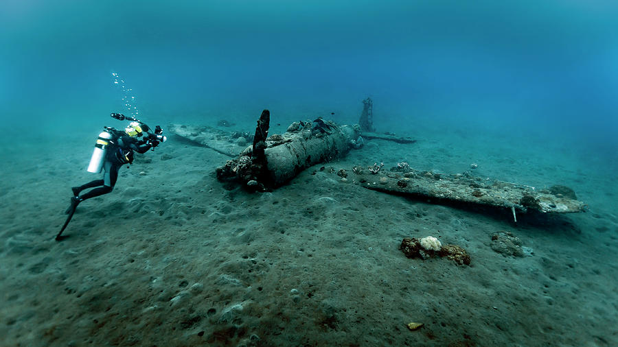 Diver Exploring The Mitsubishi Zero #1 Photograph by Bruce Shafer