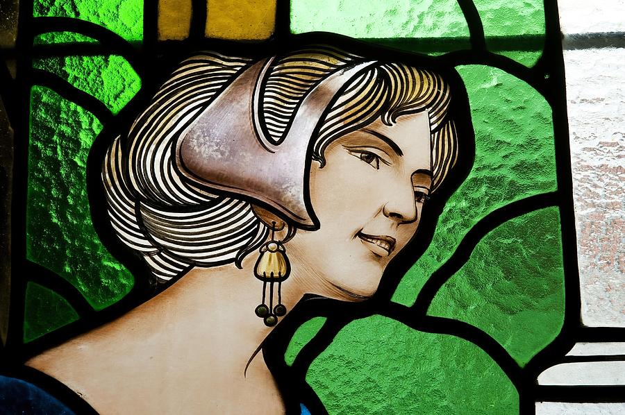 Domenech House, detail of the triptych Ladies Cerdanyola. attributed to Ludwig von Dietrich Bearn. #1 Glass Art by Album