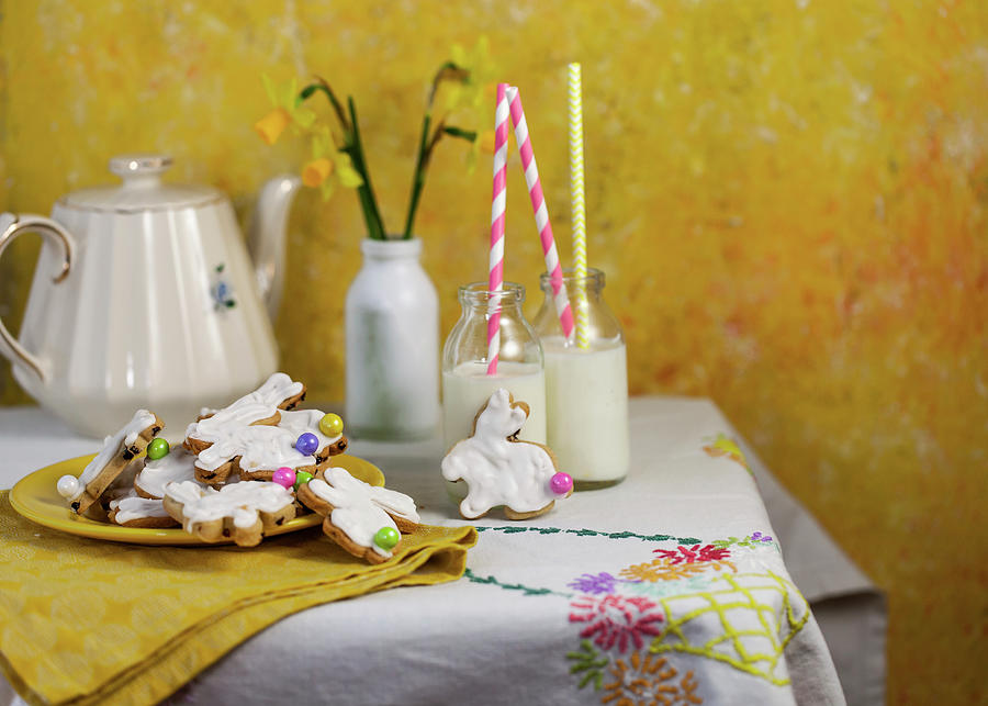 Easter Bunny Biscuits And Bottles Of Milk #1 Photograph by Lara Jane Thorpe
