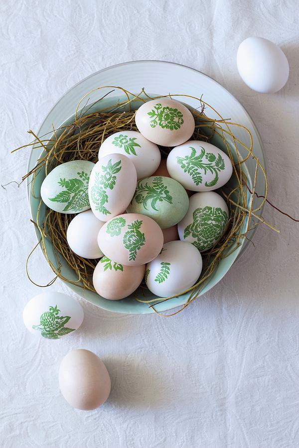 Easter Eggs Decorated With Botanical Patterns decoupage In Nest Of Straw In Bowl #1 Photograph by Great Stock!