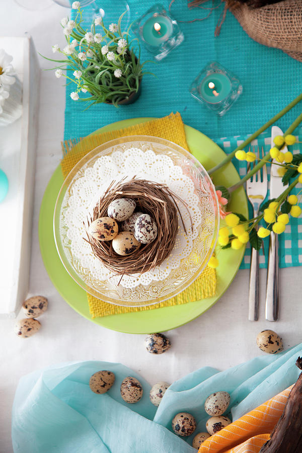 Easter Table Setting With Quail Eggs #1 Photograph by Mythja