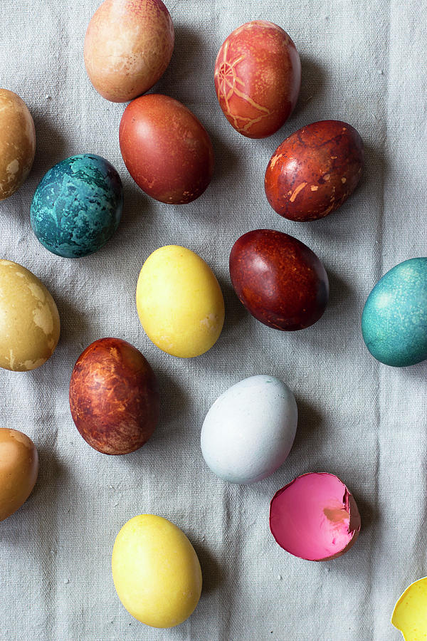 Eggs, Coloured With Natural Dyes: Blue - Red Cabbage, Yellow - Turmeric, Brown - Red Onion, Red - Beets, Light Green - Spinach, Light Brown - Tea #1 Photograph by Zuzanna Ploch