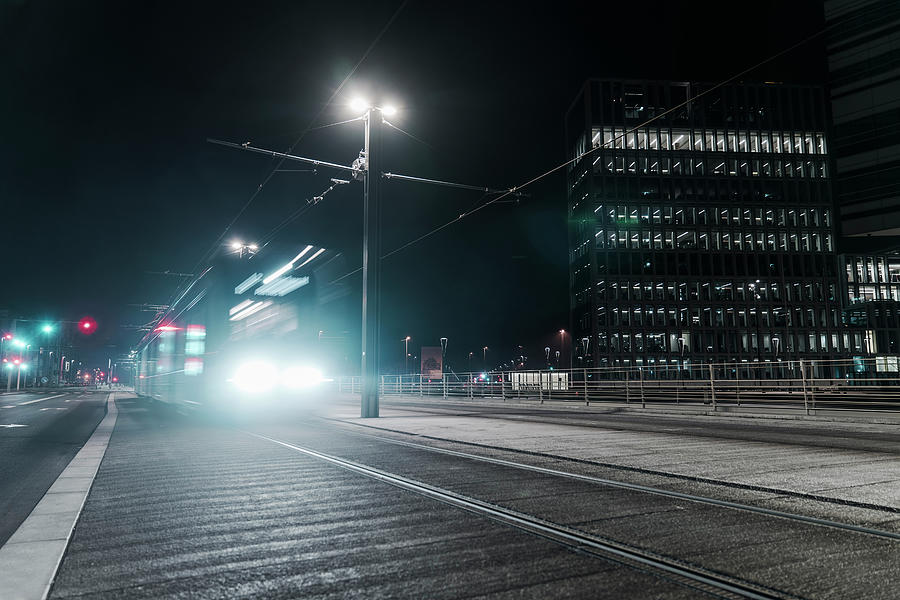 City Digital Art - Electric Railway Train Passing Office Buildings, Aarhus, Midtjylland, Denmark #1 by 24frames