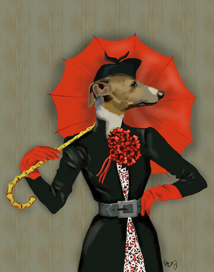 Elegant Greyhound And Red Umbrella #1 Painting by Fab Funky