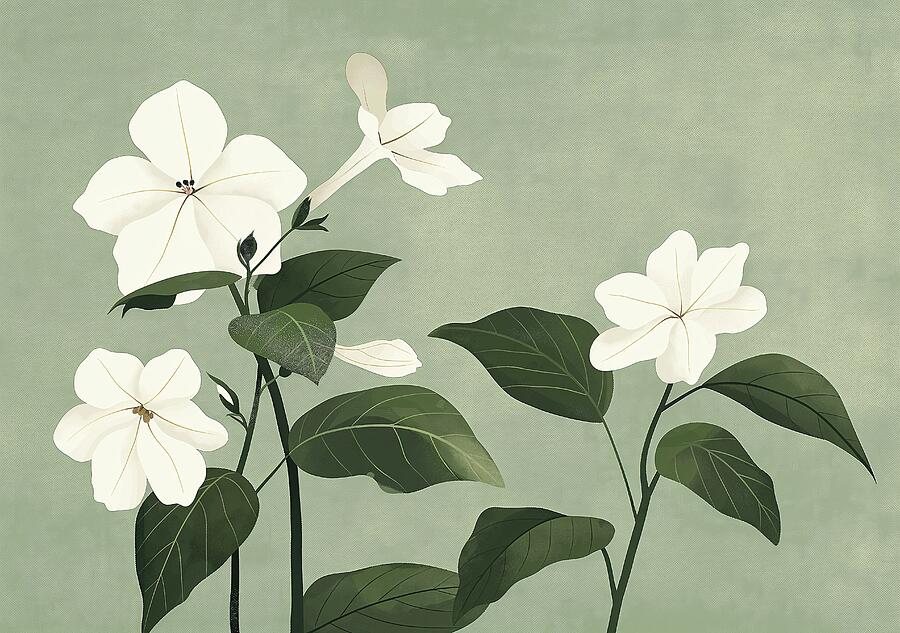 Elegant White Flowers On Green Background #1 Digital Art by Trendy Art