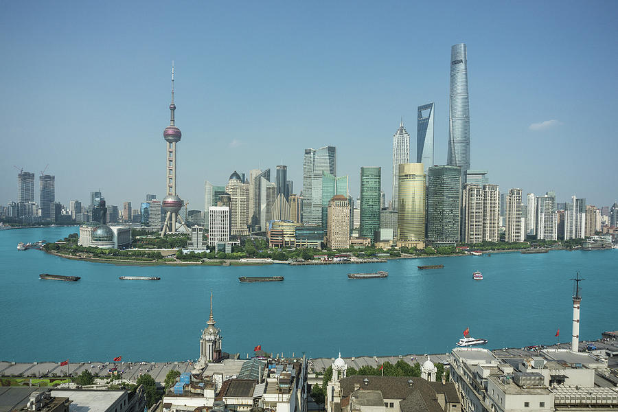 Elevated Cityscape With Oriental Pearl Tower In Skyline And Huangpu ...