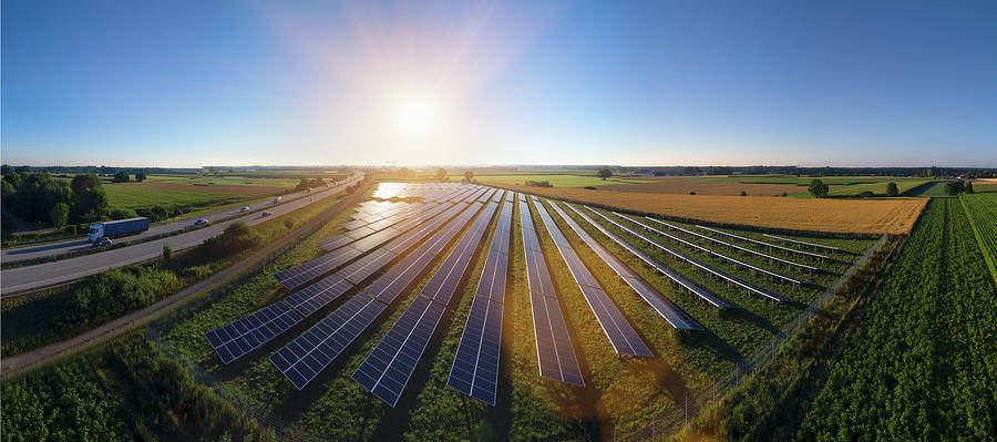 Elevated Panoramic Landscape With Rows Of Solar Panels, Bavaria ...