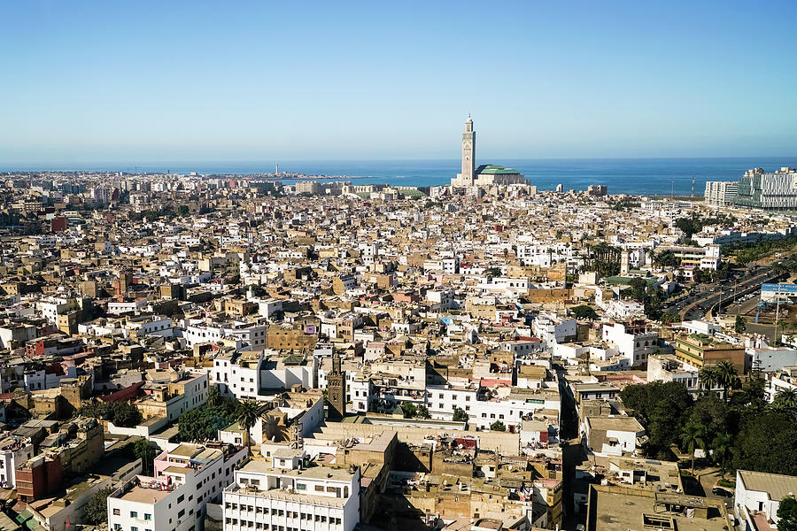 Elevated View Of Casablanca City With Grand Mosque And The Atlantic ...