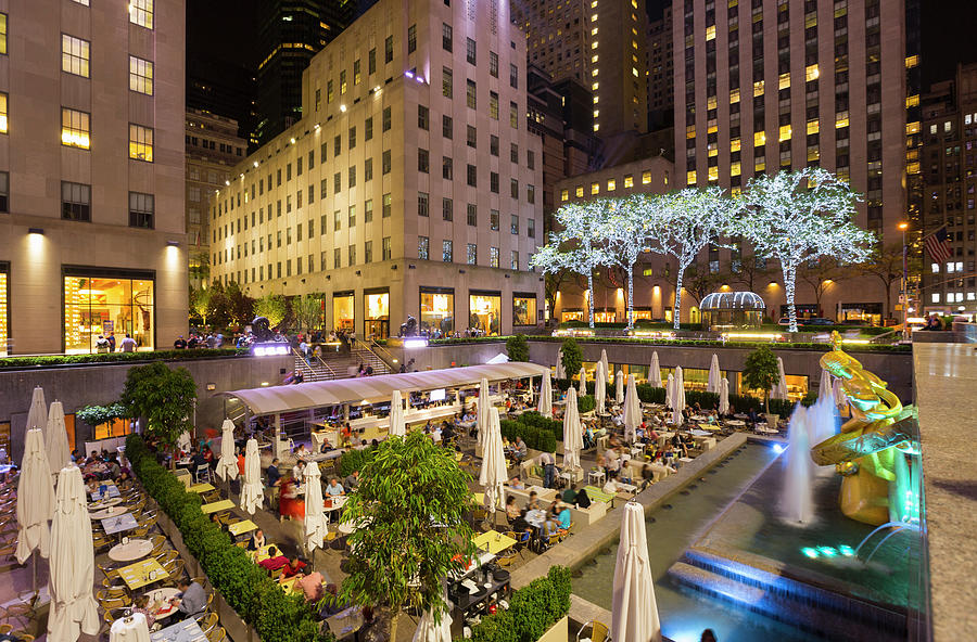 Elevated View Of Restaurant And Rockefeller Centre At Night, New York ...