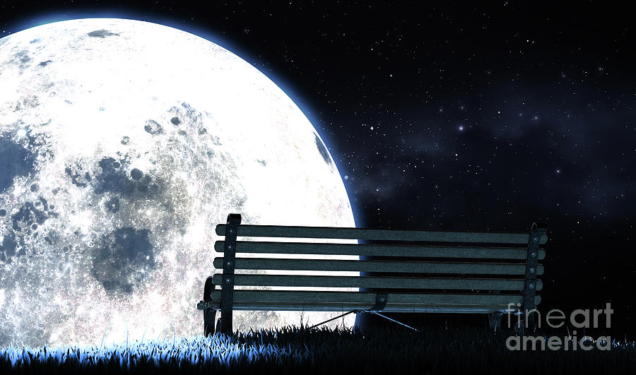 Empty Bench And Moon Silhouette Digital Art