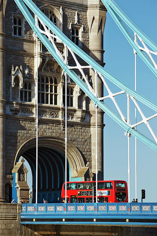 England, Great Britain, British Isles, London, City Of London, Tower Bridge, London Bus On Tower Bridge #1 Digital Art by Richard Taylor