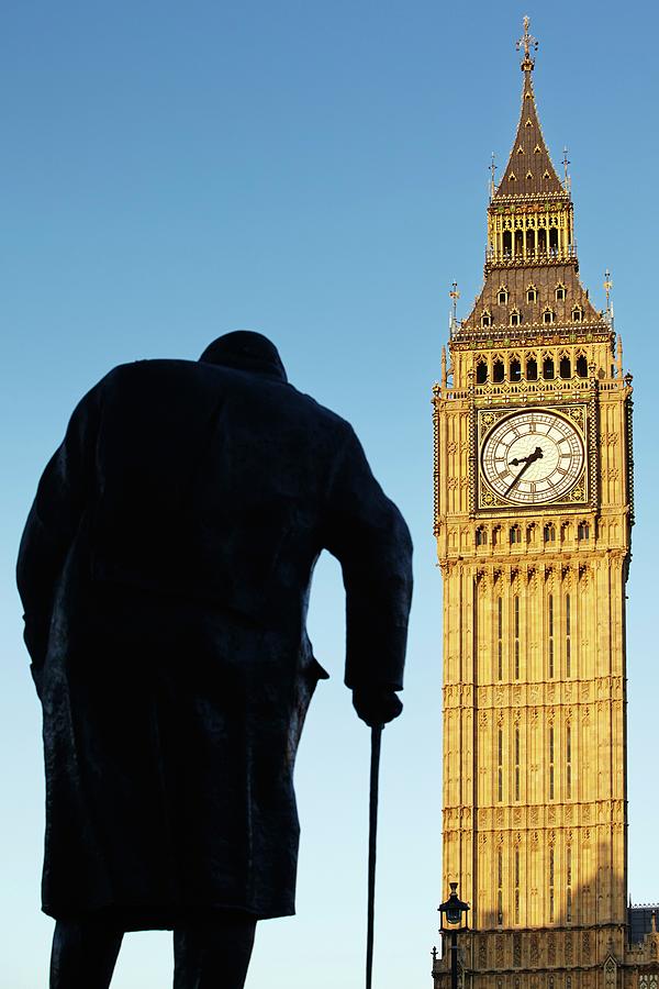 England, Great Britain, British Isles, London, City Of Westminster, Palace Of Westminster, Houses Of Parliament, Big Ben, Statue Of Sir Winston Churchill #1 Digital Art by Richard Taylor