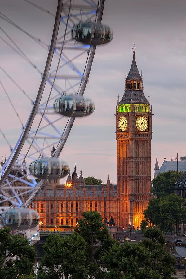 England, London, Great Britain, City Of Westminster, Big Ben And Part Of Millennium Wheel #1 Digital Art by Massimo Ripani