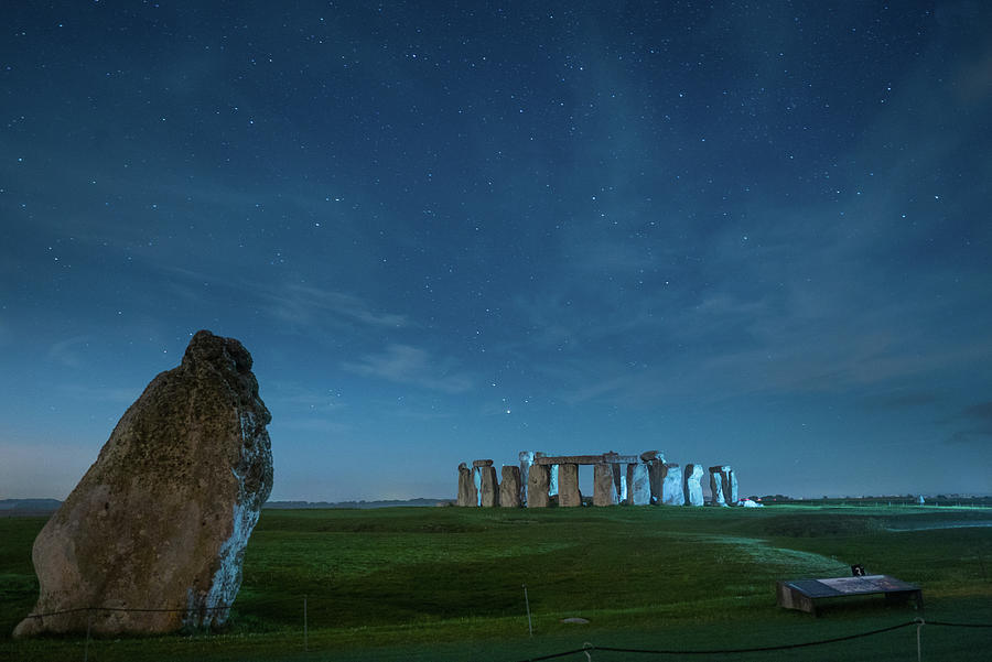 England, Wiltshire, Great Britain, Stonehenge, Stonehenge Stone Circle At Night With Clouds And Stars #1 Digital Art by Manfred Bortoli