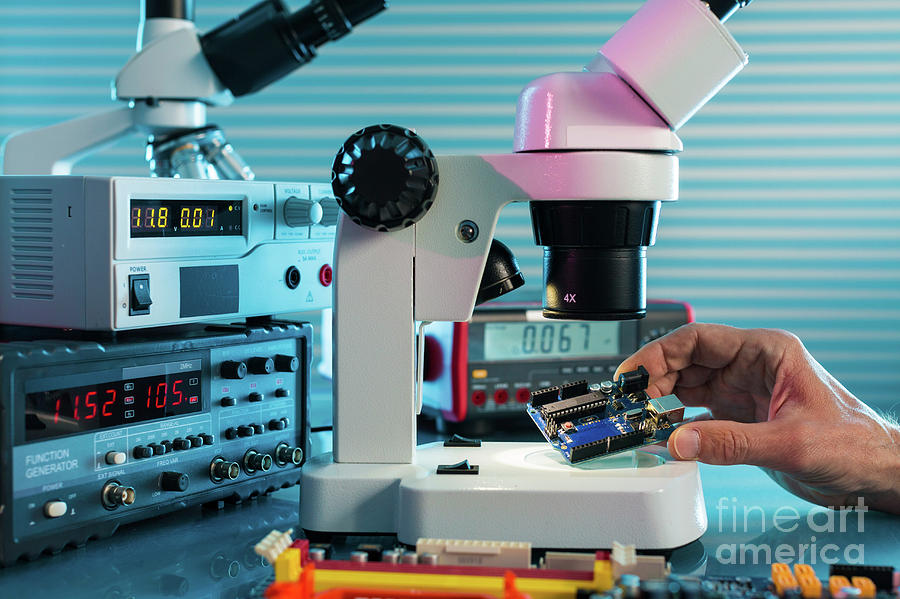 Electronic Photograph - Examining Circuit Board With Microscope #1 by Wladimir Bulgar/science Photo Library