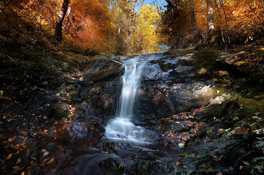 Fall Landscape Long Exposure Water Fall In Blue Ridge Parkway During Sunset Photograph