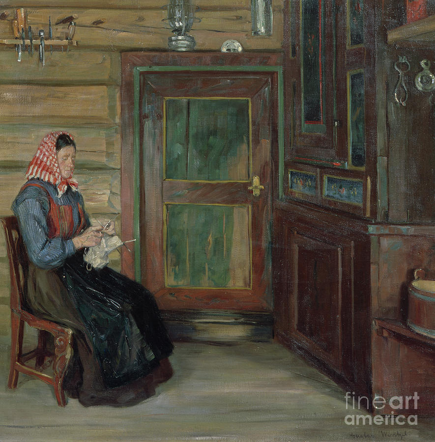 Farmers Interior With Knitting Woman Painting by Gustav Wentzel