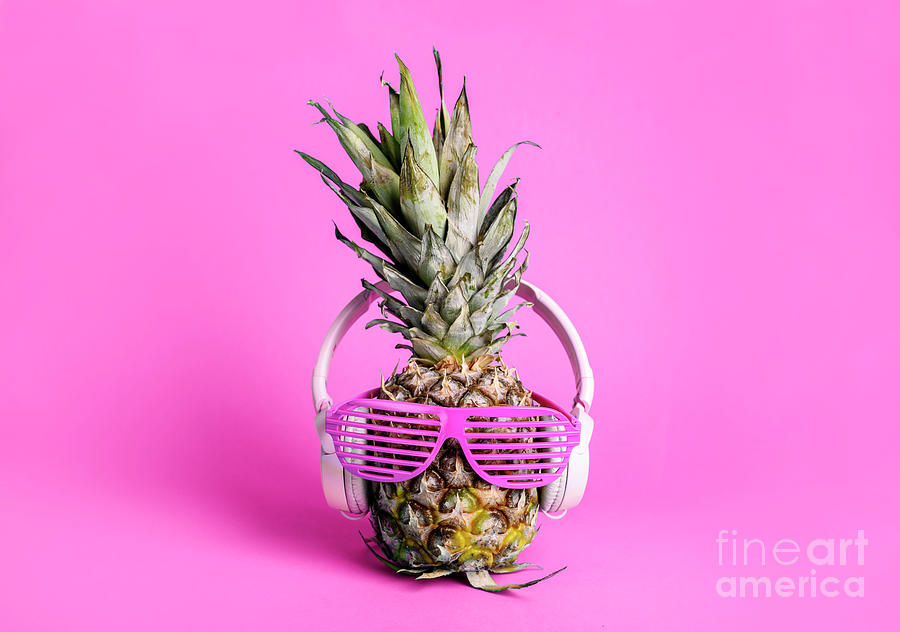 Fashionable  Trendy Pineapple Fruit With Headphones And Sun Glas Photograph