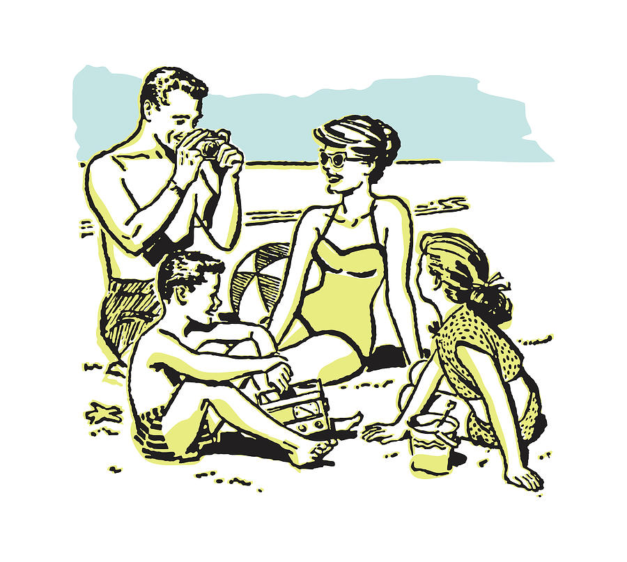 Summer Drawing - Father Taking Photos of His Young Family at Beach #1 by CSA Images