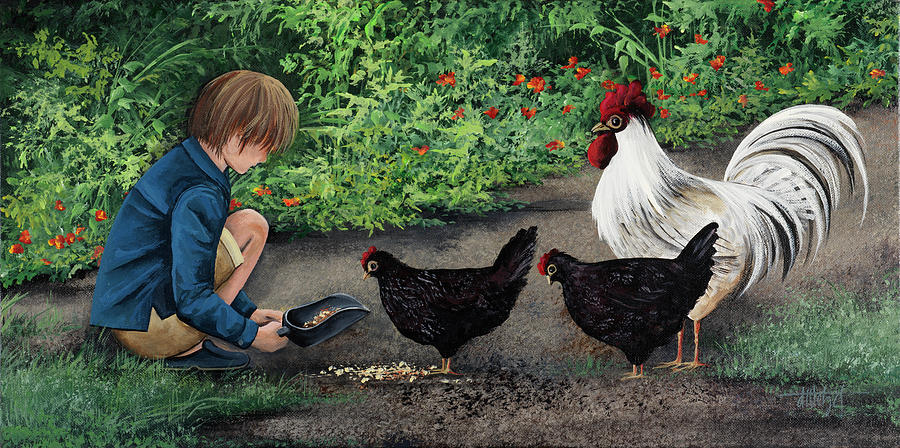 Chicken Painting - Feeding Ralphie #1 by Debbi Wetzel