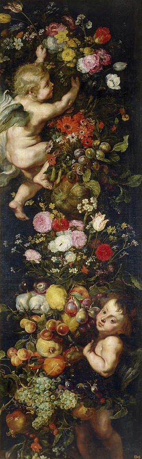 Peter Paul Rubens Painting - Festoon of flowers and fruits and cherubs #1 by Peter Paul Rubens