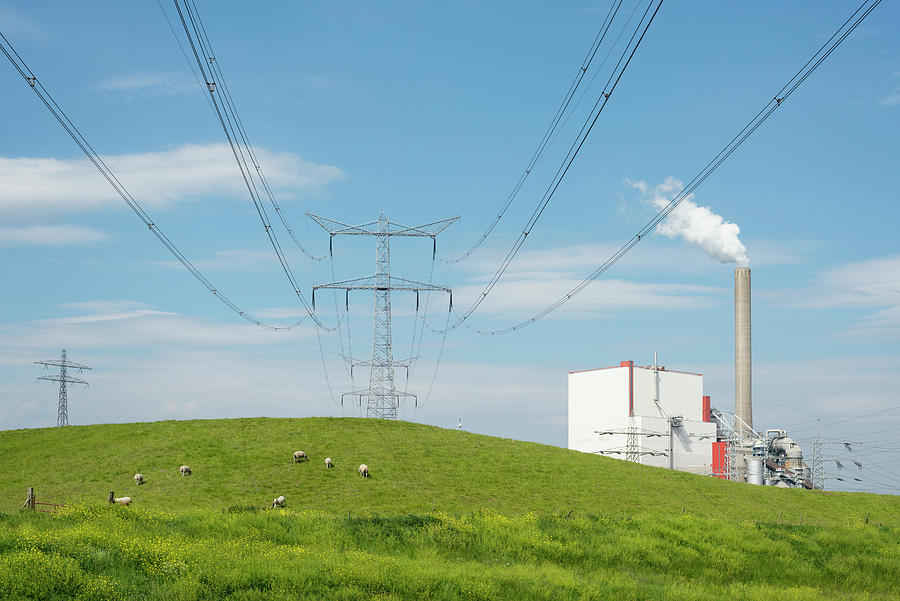 Nature Digital Art - Field Landscape With Electric Pylon And Coal Fired Power Station #1 by Mischa Keijser