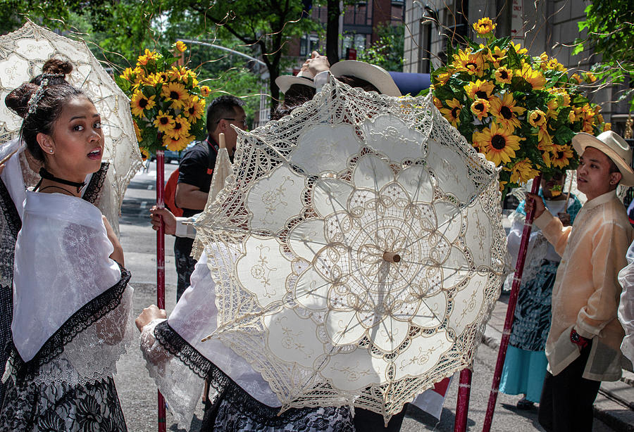 Filipino Day Parade Marchers Flower and Parasols #1 Photograph by Robert Ullmann