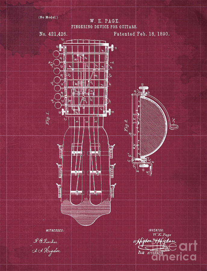 Fingering Device For Guitars Patent Year 1890 Drawing