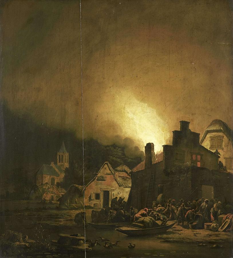 Fire by night in a Village. #1 Painting by Adam Colonia