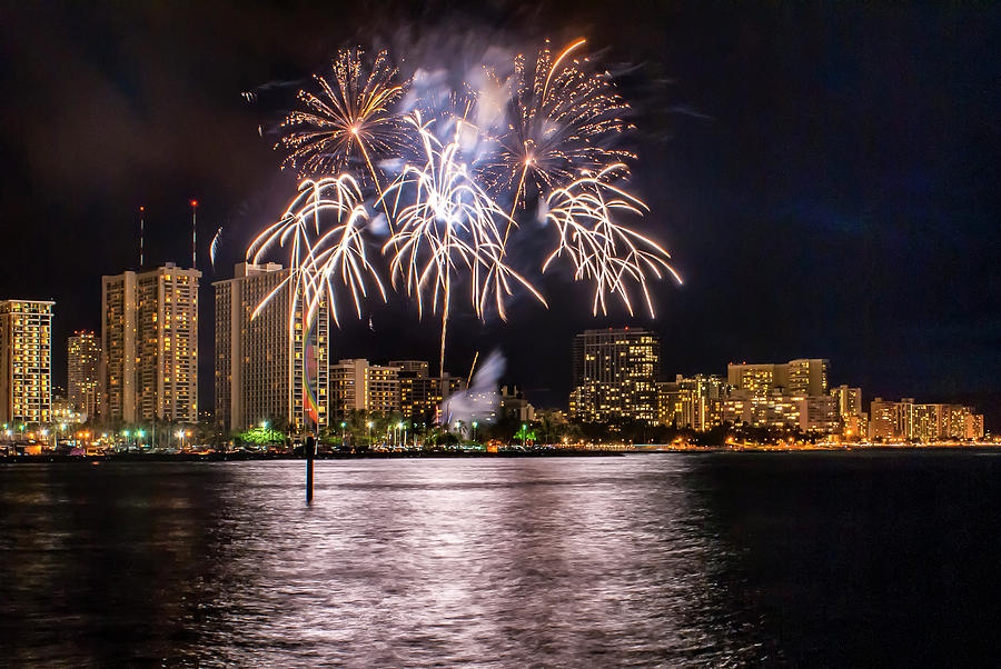 Fireworks over Waikiki  #1 Photograph by Donald Pash